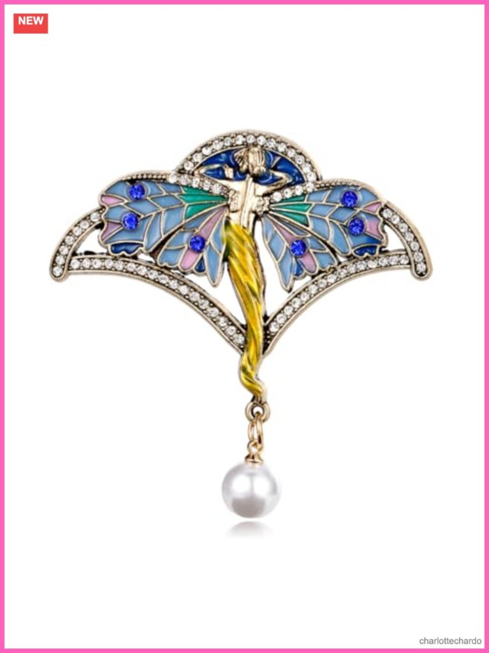 Zinc Alloy Enamel Butterfly Brooch with Crystal Pearl Drop Charm